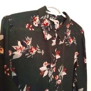 Como Blu Women's Dark Olive Green Floral Button Up Long Sleeve Blouse Large
